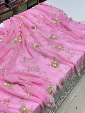 Pink Georgette Sequin Jaal Saree