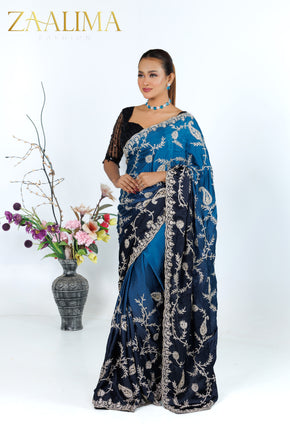 Shaded Blue Satin Embellished Saree