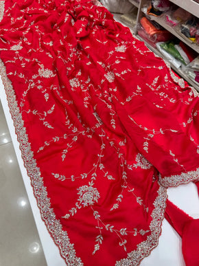 Red Satin Zardosi Jaal Saree With Stones